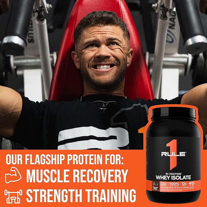 Rule 1 R1 Protein Whey Isolate - with 25g Protein &amp 6g BCAA Exclusively from Isolated &amp Hydrolyzed Sources for Workout Recovery (1 Pound* Chocolate Fudge)