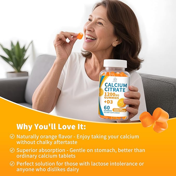 (2 Pack) Calcium Citrate 1200 mg Gummies with Vitamin D3 High Absorption Calcium Supplements for Women &amp Men Sugar Free Non-GMO Gluten Free Supports Muscle &amp Immune - Orange Flavor