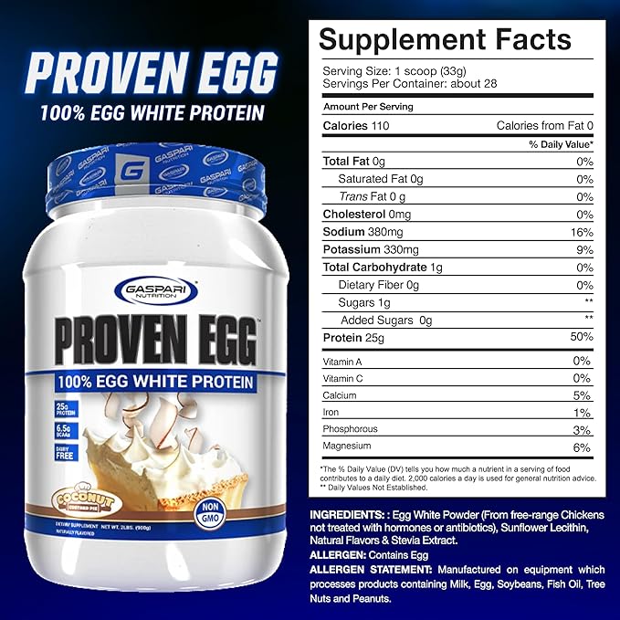 Gaspari Nutrition Proven Egg 100% Egg White Protein 25g Protein Keto Friendly Dairy and Lactose Free Soy Free (2 lbs Coconut Custard)