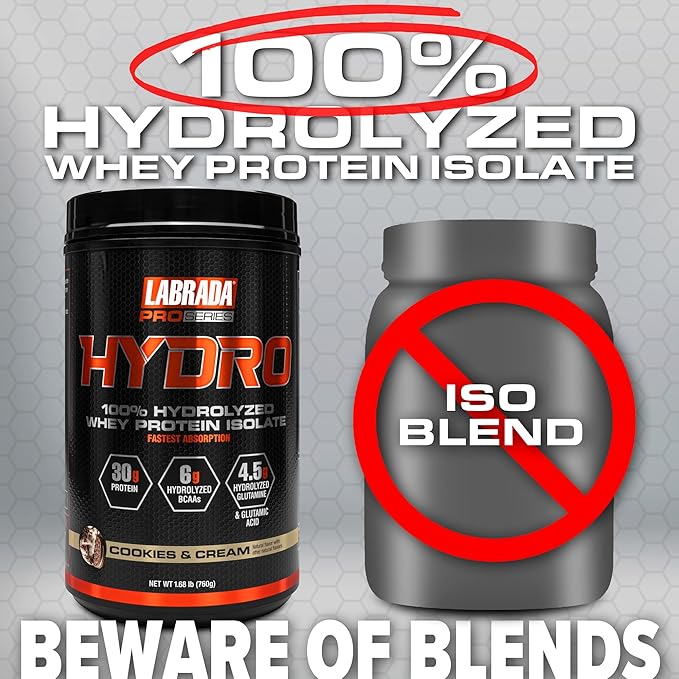 Labrada Hydro 100% Pure Hydrolyzed Whey Protein Isolate Powder Lactose free 6g BCAA’s 4.5g Glutamine Fastest Digesting Whey Available Instant Mixing Delicious Taste 20 Servings (Cookies &amp Cr