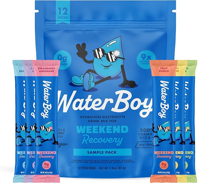 Waterboy Weekend Recovery Sample Pack | 3200mg Electrolyte Powder Packets | Ginger + L-Theanine + Vitamins | No Sugar All Natural Gluten Free | 12 Drink Stick Mixes (Sample Pack)