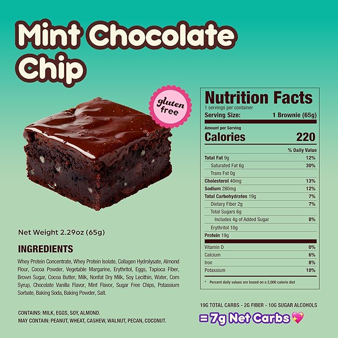 Prime Bites Protein Brownie from Alpha Prime Supplements | High Protein Collagen Fortified Low Sugar Treat | Delicious Snack | 12 Bars per Box (Mint Chocolate Chip)