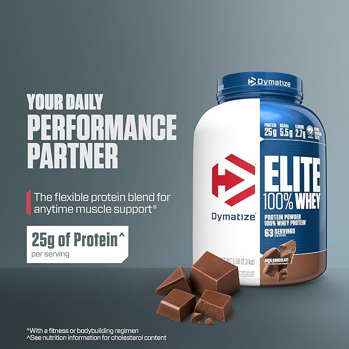 Dymatize Elite 100% Whey Protein Powder 25g Protein 5.5g BCAAs &amp 2.7 L-Leucine Quick Absorbing &amp Fast Digesting for Optimal Muscle Recovery Rich Chocolate 5 Pound (63 Servings)