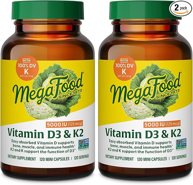 MegaFood Vitamin D3 5000 IU (125 mcg) - Vegetarian Supplements with Vitamin D3 K2 - Supports Bones Teeth Muscles &amp Immune Health - Certified Non-GMO - 120 Mini Capsules 120 Servings (Pack of 2)