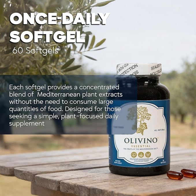 Essential Dietary Supplement: Three Key Fruits of The Mediterranean Diet® (Olives Grapes Tomatoes) - Plant-Based Softgels (60 Day Supply)