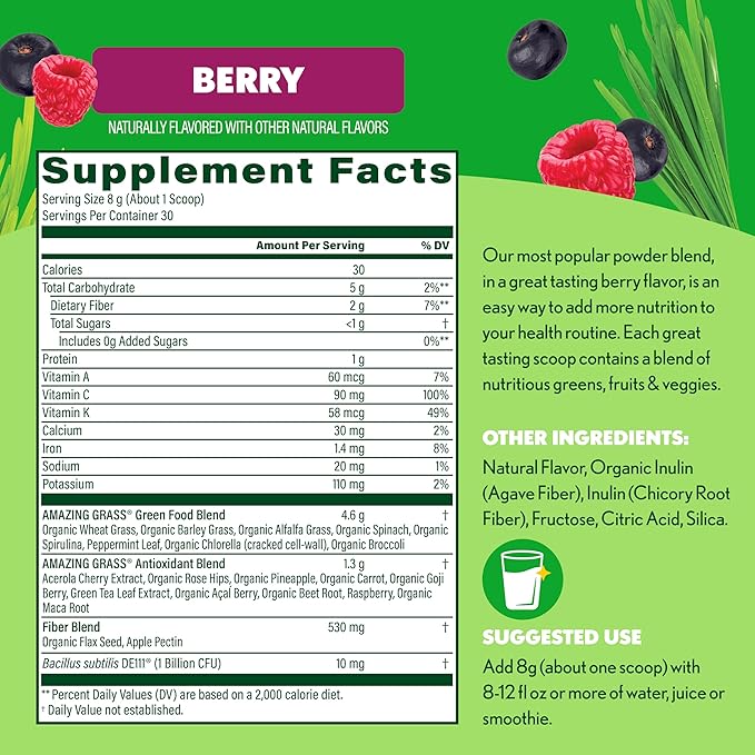 Amazing Grass Greens Superfood Powder: Greens Powder with Digestive Enzymes &amp ProbioticsOrganic SpirulinaChlorellaand Beet Root PowderBerry30 Servings (Packaging May Vary)(Pack of 2)