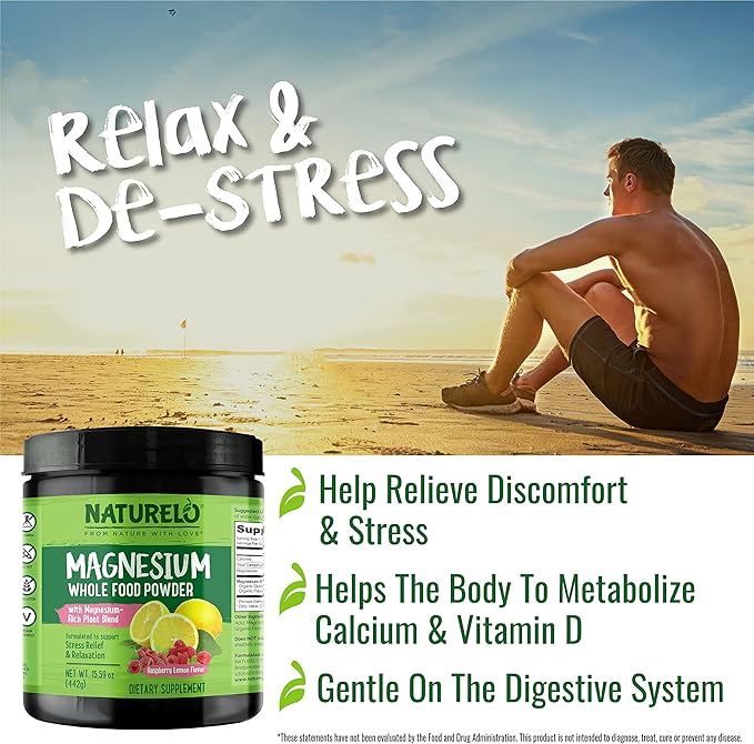 NATURELO Magnesium Powder - Whole Food Calm Magnesium Powder with Quinoa Cauliflower &amp Flaxseed for Stress Relief Raspberry Lemon 85 Servings 15oz