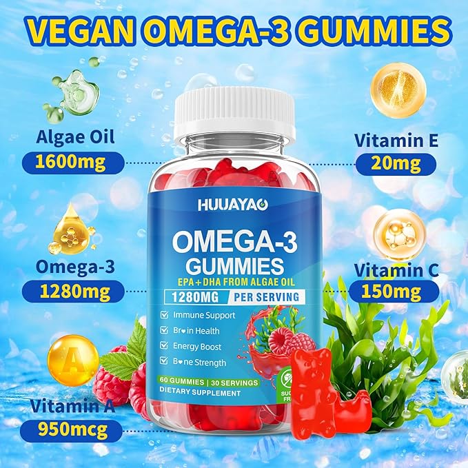 Vegan Omega-3 Gummies 1028mg Omega 3 Fish Oil Alternative for Adults w/EPA 400mg &amp DHA 600mg &amp Vitamin A C E for Brain Eye &amp Immune Health Sugar Free Raspberry Flavor 120 Count
