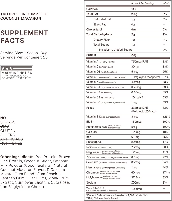 TRU Supplements Plant Based Protein Powder BCAA EAA 20g Vegan Brown Rice &amp Pea Protein 100 Calories 27 Vitamins No Artificial Flavors 25 Servings (Coconut Macaron)