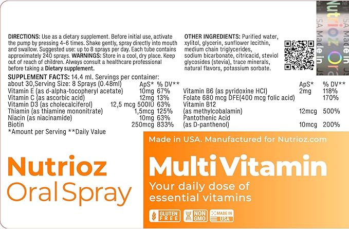 Multivitamin Oral Spray Vitamins C D3 E &amp B Complex with Folate and Biotin Liquid Dietary Supplement Vegan Gluten Free Non-GMO Natural Flavor 14.4 ml