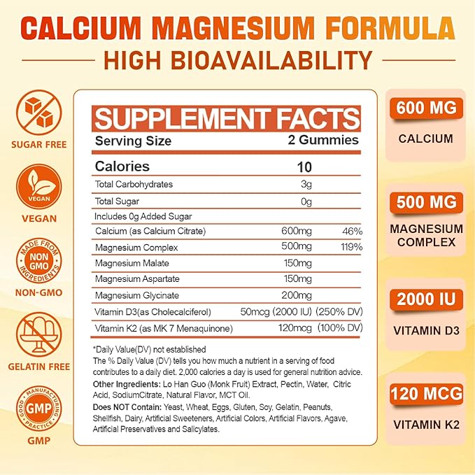 Calcium Magnesium Supplement Gummies for Adults: Calcium Citrate 600 mg with Vitamin D3 &amp K2 for Women Men - Supports B0ne Strength Better Zzz Muscles Energy &amp Immune (60 Count)