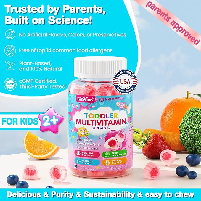 Vegan Omega 3 Gummies 1280mg + Vitamin D3 K2 (MK7) + Organic Toddler Multivitamin Gummies + Omega-3 (DHA/EPA) Postbiotics 3 Pack