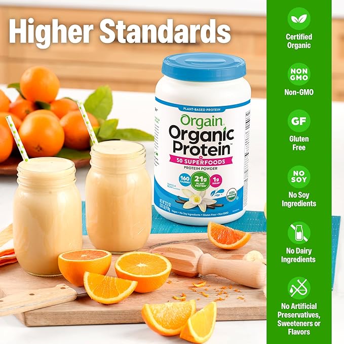 Orgain Organic Vegan Protein + 50 Superfoods Powder Vanilla Bean - 21g Plant Based Protein 8g Prebiotic Fiber No Lactose Ingredients Gluten Free No Added Sugar Non-GMO 2.02 lb