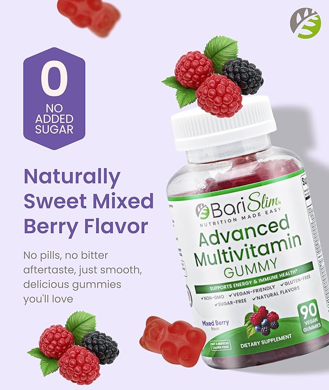 BariSlim Advanced Bariatric Multivitamin Gummies - Specially Formulated Bariatric Vitamins for Patients After Weight Loss Surgery - Supports Energy &amp Immune Health | Mixed Berry (90 Vegan Gummies)