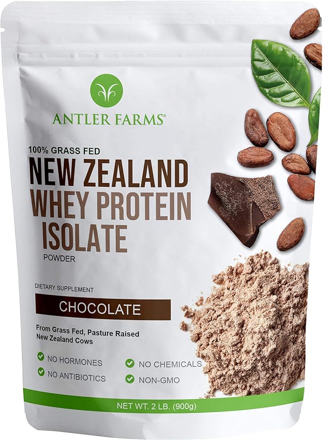 Antler Farms - 100% Grass Fed New Zealand Whey Protein Isolate Chocolate Flavor 2 lbs - Pure and Clean 4 Ingredients Delicious Cold Processed