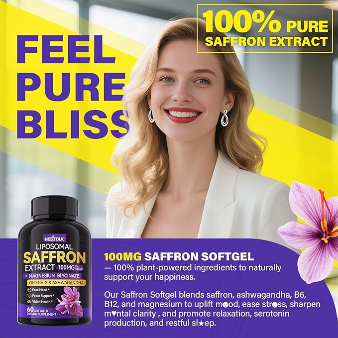 Saffron Supplements - 100mg Liposomal High Absorption 100% Pure Saffron Extract with Magnesium Glycinate Omega-3 Turmeric Ashwagandha Vitamin B6 B12 D3 for Mood Brain - 60 Softgels.