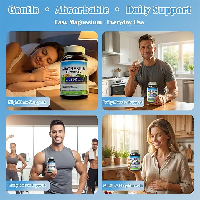 Magnesium Glycinate 500mg with Vitamin D3 &amp a Green Vegetables Mix | High Absorption Gentle on Stomach | Supports Muscle &amp Bone Function | 120 Vegan Capsules with Organic Rice Extract