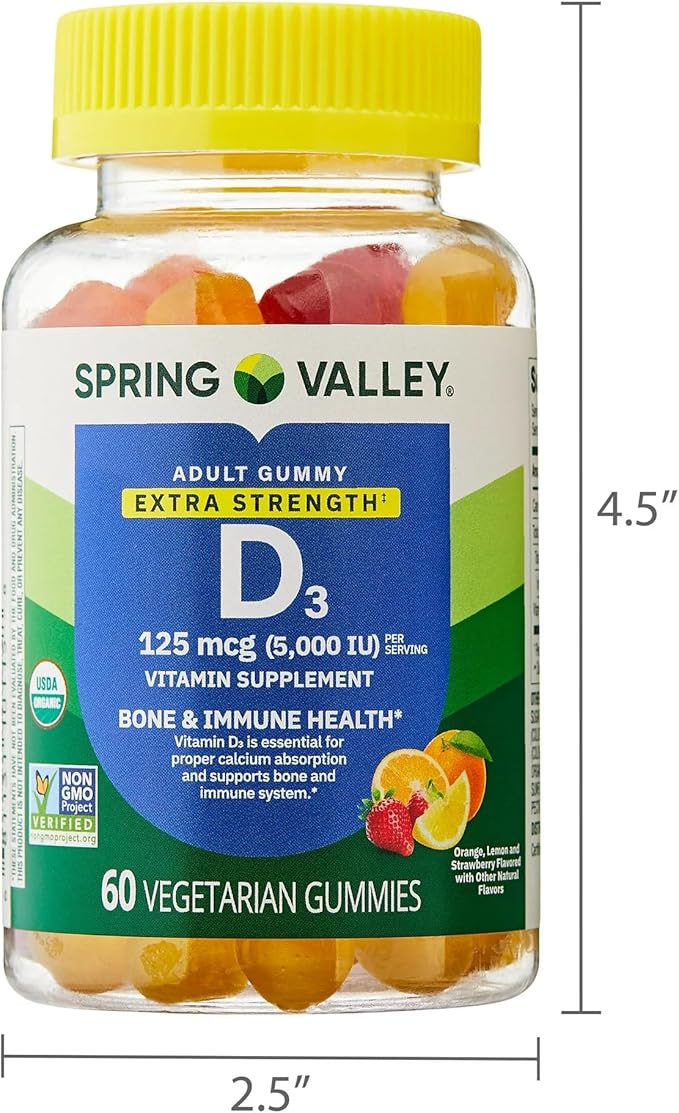 SUREFECT Spring Valley Vitamin D3 125mcg (5000 IU) - 60 Vegetarian Gummies - for Bone &amp Immune Support - Organic Gluten-Free Organizer