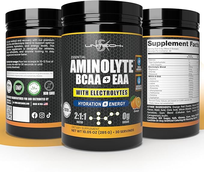 USK Unitech AminoLyte BCAA + EAA &amp Electrolytes Powder | Rich with Essential Amino Acids | Muscle Recovery &amp Hydration | Endurance &amp Performance Support | Dietary Supplement | Orange Flavo