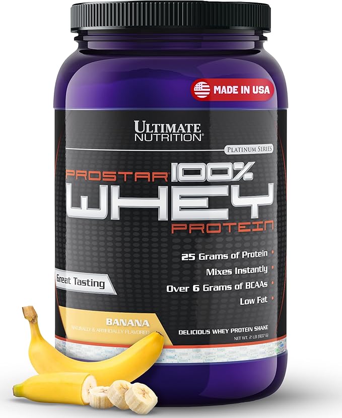 Ultimate Nutrition Prostar Whey Protein Powder Isolate Banana - Low Carb High Protein Powder Shake for Muscle Gain &amp Recovery - Low Sodium Low-Fat &amp Keto Friendly - 2 lbs Tub