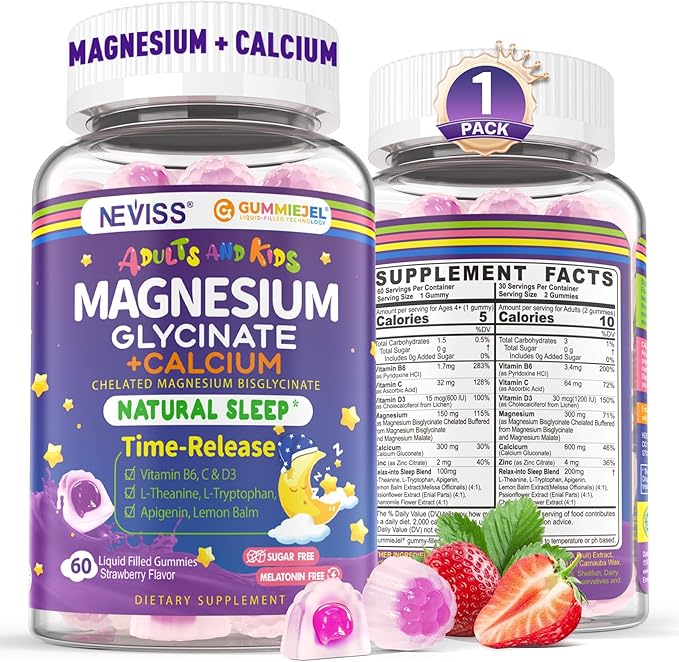 Neviss Magnesium Glycinate + Calcium Filled Gummies for Adults and Kids 4+ Kids Sleep Gummies Melatonin Free Sugar Free Magnesium Supplement with B6 D3 L-Theanine for Zzz &amp Relax BrainBoneMu