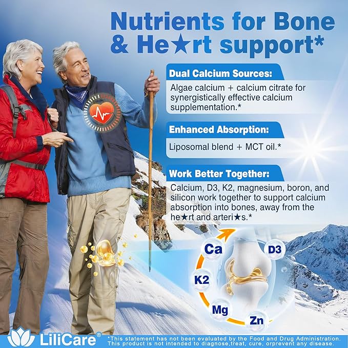 Calcium 1200 mg with Vitamin D3 K2 5000 IU Softgels Supplement for Women Men - Liposomal Calcium Citrate &amp Algae Calcium Magnesium Zinc + D3 K2 B12 Plant-Based Vegan Vitamin D Boron for Bone120