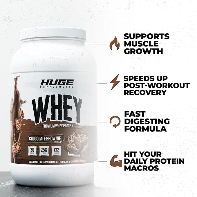 Huge Whey Protein Powder for Muscle Gain 25g Protein 12g EAAs Supports Muscle Growth Performance &amp Recovery (Chocolate Brownie 30 Servings)