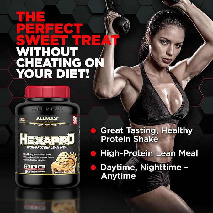 ALLMAX HEXAPRO Chocolate Peanut Butter - 5 lb - 25 Grams of Protein Per Serving - 8-Hour Sustained Release - Zero Sugar - 52 Servings