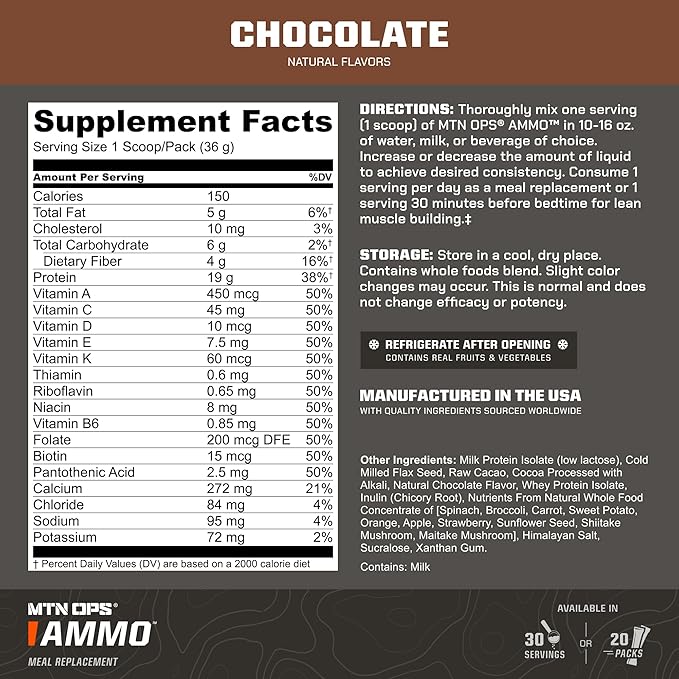 MTN OPS Ammo Meal Replacement Shake Powder – 19g Protein 10g Flaxseed 4.5g Whole Foods Real Fruits &amp Vegetables – Daily Nutrition &amp On-the-Go Fuel 30 Servings Chocolate