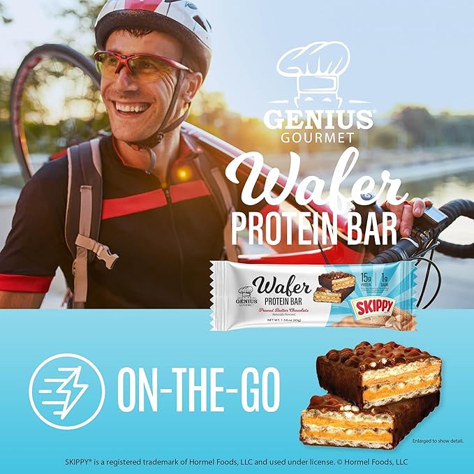 Genius Gourmet SKIPPY® Peanut Butter Chocolate Flavored Wafer Protein Bars15g Protein per serving (30% DV) 1g Sugar Chocolatey Snack Bar – 10 Count