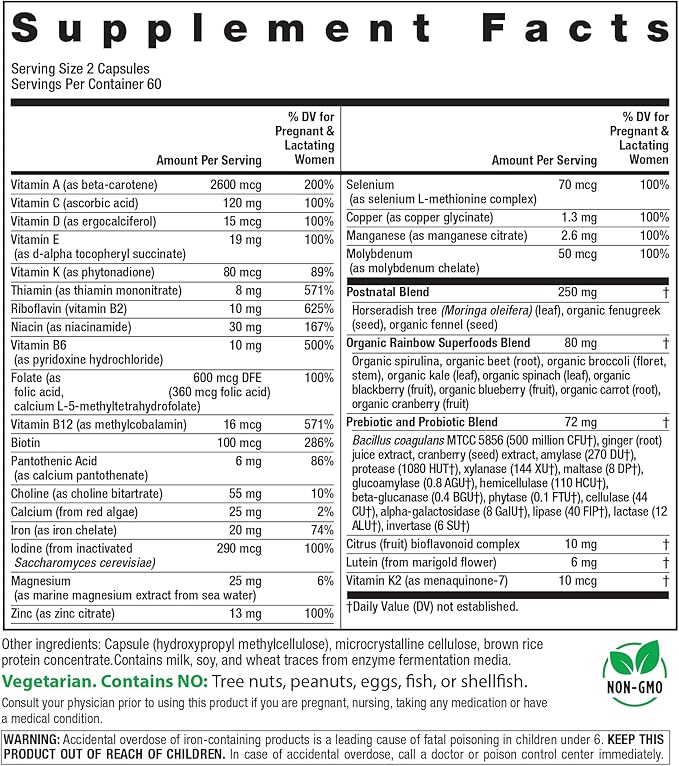 Rainbow Light Postnatal Multivitamin for Women | 120 Capsules | Supports Mom’s Health &amp Baby’s Development Plus Immune Health with Vitamin C and Zinc | Superfoods Blend &amp Probiotics