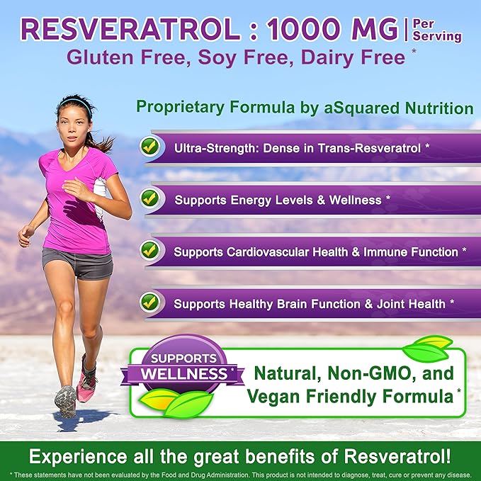 100% Natural Resveratrol - 1000mg Per Serving Max Strength (180 Capsules) Antioxidant Supplement Trans-Resveratrol Pills for Heart Health &amp Pure Polyphenols
