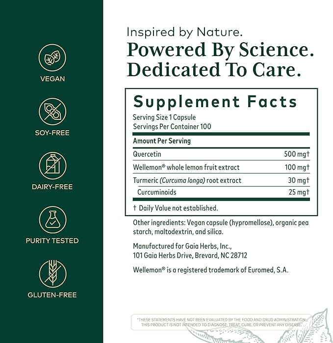 GAIA HERBS PRO Quercetin Synergy 500 - Immune System Support Supplement* - Cell Health Supplement* with Quercetin Bromelain &amp Turmeric - 100 Capsules (100 Servings)