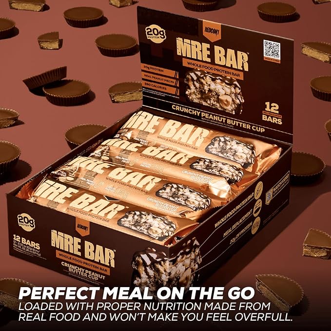REDCON1 MRE Protein Bar Crunchy Peanut Butter Cup - Contains MCT Oil + 20g of Whole Food Protein - Easily Digestible Macro Balanced Low Sugar Meal Replacement Bar (12 Bars)