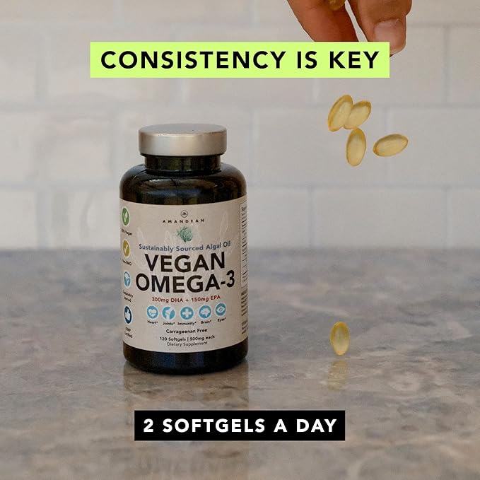 AMANDEAN Vegan Omega 3 Supplement. Premium Fish Oil Alternative. Algae DHA &amp EPA. Carrageenan Free Softgels. Algal Essential Fatty Acids. Plant Based Heart Brain Eye Skin Immune Support. (120c