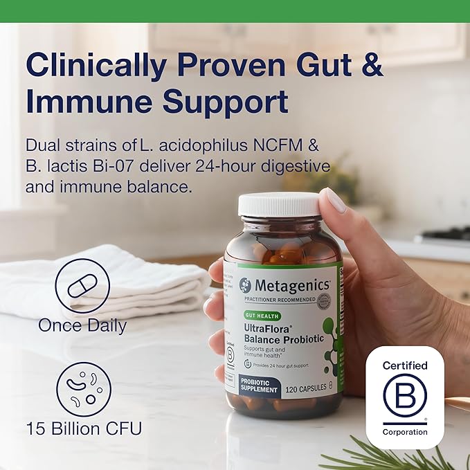 Metagenics UltraFlora Balance Probiotic - Shelf-Stable Daily Gut Health Supplement for Digestive &amp Immune Support* - Non-GMO &amp Gluten-Free - 120 Capsules
