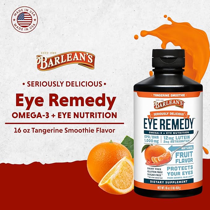 Barlean's Eye Remedy Supplement Tangerine Flavored Fish Oil Liquid with Lutein Astaxanthin and Zeaxanthin1000mg Omega 3 EPA DHA Eye Care Supplements 16 oz