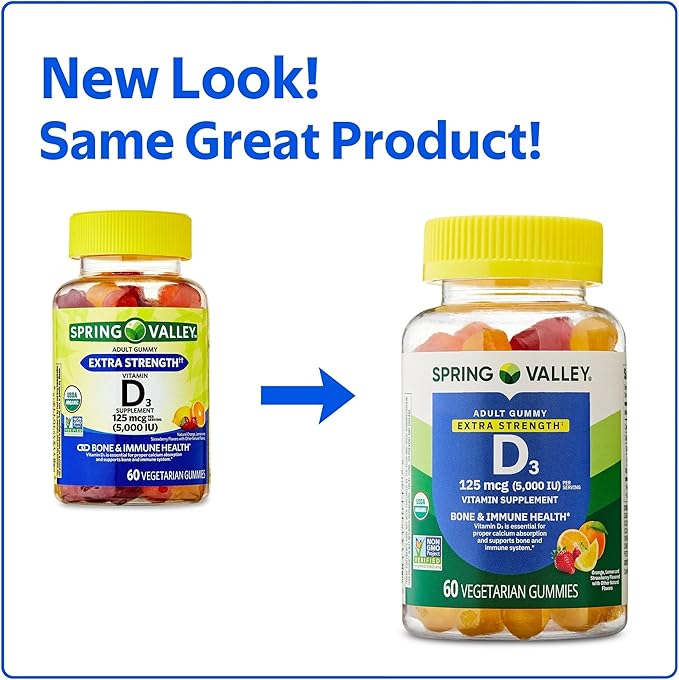 SUREFECT Spring Valley Vitamin D3 125mcg (5000 IU) - 60 Vegetarian Gummies - for Bone &amp Immune Support - Organic Gluten-Free Organizer