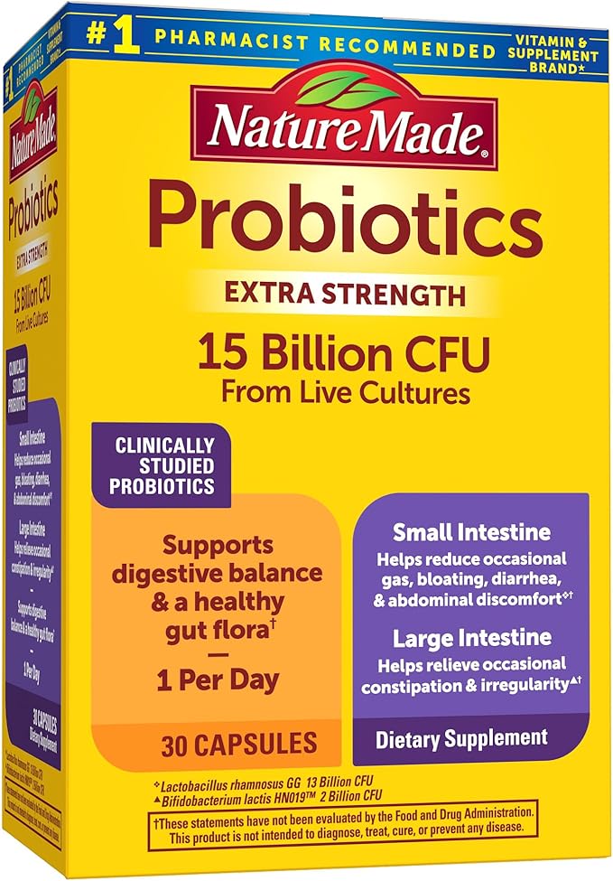 Nature Made Probiotics for Digestive Health Extra Strength 15 Billion CFU from Live Cultures Probiotics for Women and Men 30 Probiotic Capsules 30 Day Supply