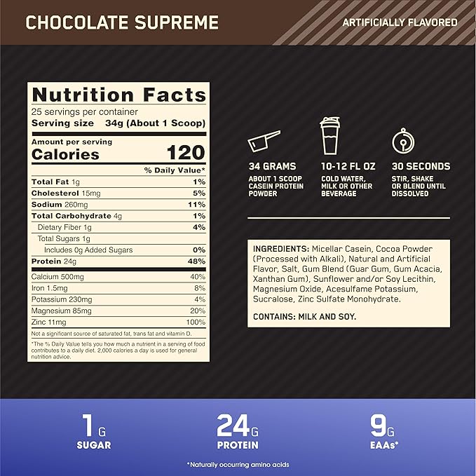 Optimum Nutrition Gold Standard 100% Micellar Casein Protein Powder Slow Digesting Helps Keep You Full Overnight Muscle Recovery Chocolate Supreme 2 Pound (Packaging May Vary)