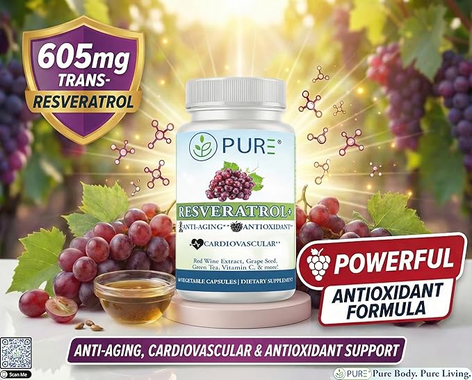 PURE® Resveratrol+ 605mg Trans-Resveratrol - 60 Capsules Anti-Aging &amp Longevity Supplement - 725mg Polyphenol Complex with Green Tea Grape Seed &amp Red Wine Extract - Heart Health &amp Antioxi