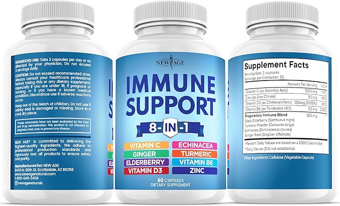 NEW AGE 8 in 1 Immune Support Booster Supplement with Echinacea Vitamin C and Zinc 50mg Vitamin D 5000 IU Turmeric Curcumin &amp Ginger B6 Elderberry 60 Count (Pack of 1)