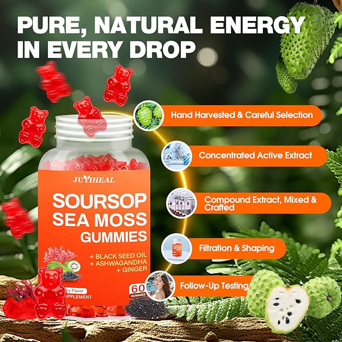 10-in-1 Soursop Graviola with Sea Moss Gummies Soursop Leaves Extract with Vitamin C Zinc for Immunity and Antioxidant Gluten Free Vegan 60 Gummies 2Pack