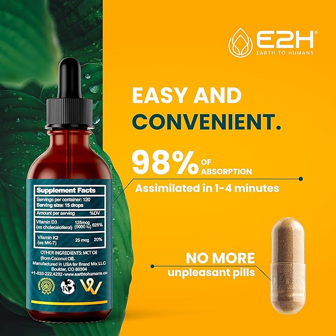 E2H EARTH TO HUMANS Vitamin D3 &amp K2 Supplement for Immune Support - Liquid Vitamin D3 5000 IU - Made in The USA | Non-GMO Vegan - (3 Bottles)
