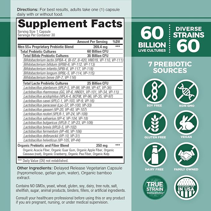 Vital Planet - Vital Flora Men 55+ Daily Probiotic 60 Billion CFU 60 Diverse Strains 7 Organic Prebiotics Immune Support Gas Relief Colon and Digestive Health Probiotics for Men 30 Capsules