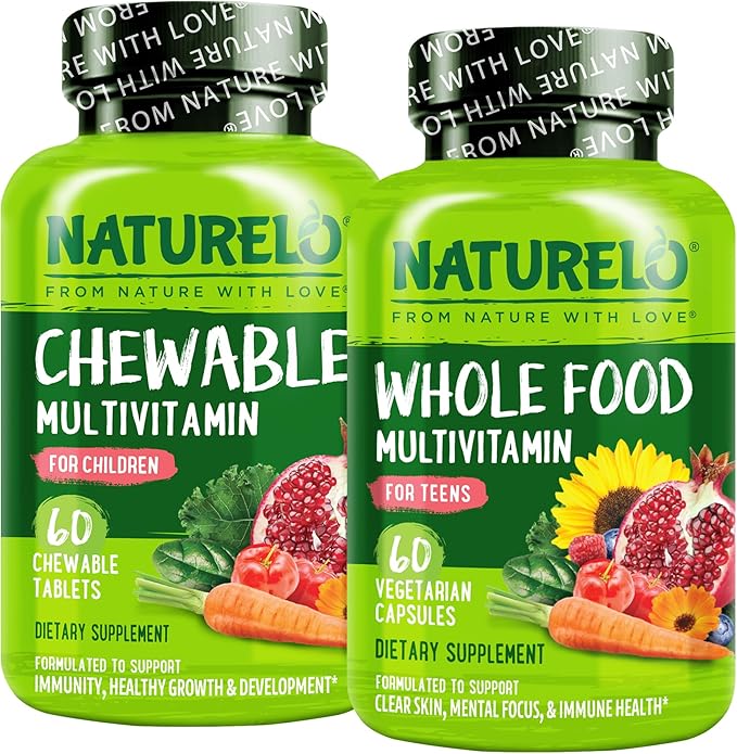 NATURELO Teen Multivitamin - 60 Capsules and Chewable Vitamin for Kids - 60 Tablets Bundle