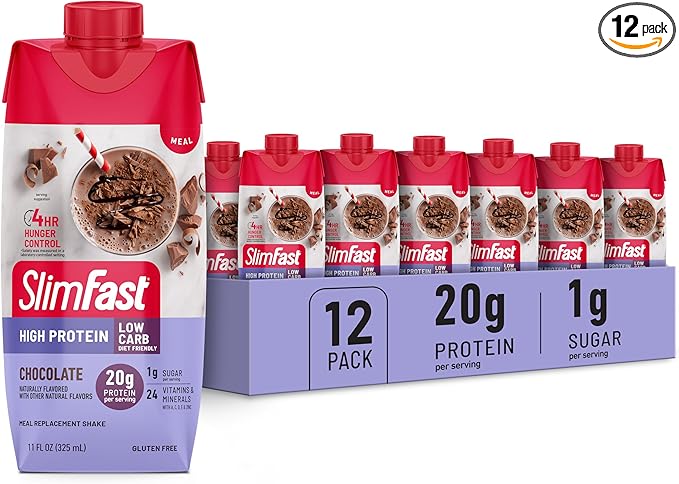 SlimFast Protein Shake Chocolate- 20g Protein Meal Replacement Shake Ready to Drink High Protein with Low Carb and Low Sugar 24 Vitamins and Minerals 12 Count (Pack of 1) (Packaging May Vary)