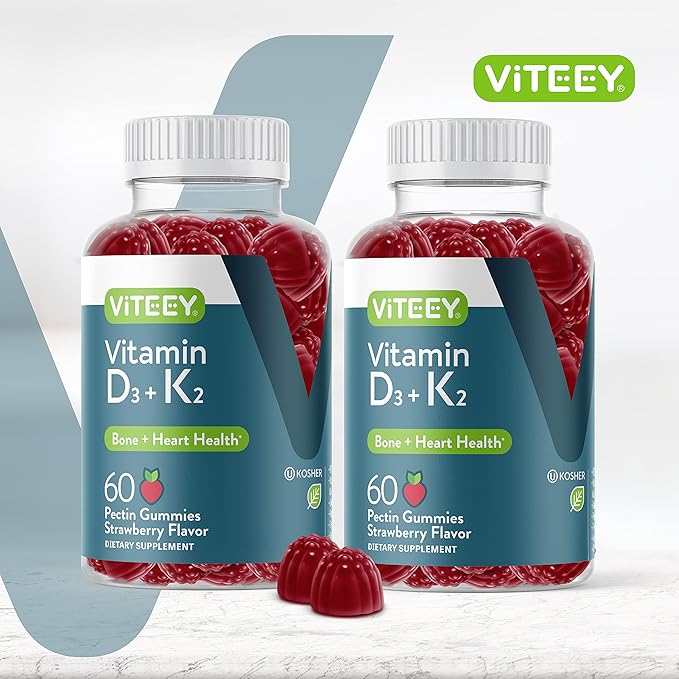 VITEEY Vitamin D3 K2 Gummies - 1000 IU Vitamin D3 and K2 100mcg - Bone &amp Heart Health for Adults and Teens - Vegetarian Gelatin Free GMO Free - Tasty Chewable D3K2 Vitamins Strawberry Flavored G