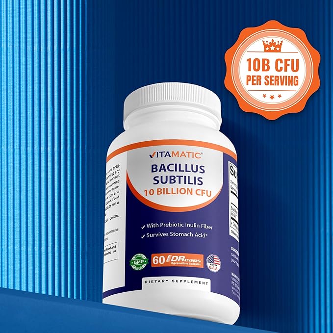 Vitamatic Bacillus Subtilis 10 Billion per DR Capsule - 60 Count - Digestive Gut &amp Immune Health Support - Made with Prebiotic Inulin Fiber-2 Pack