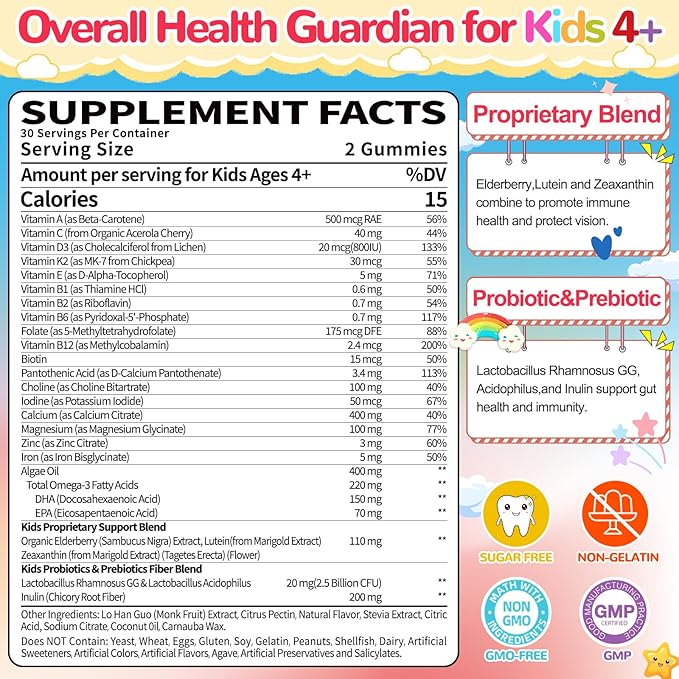 Kids Multivitamin with Iron Gummies: Natural Sugar Free Methylated Multivitamin Gummy with Omega 3 Probiotic Elderberry DHA Calcium Zinc - Daily Immune Overall Support for Kids(120 Count)